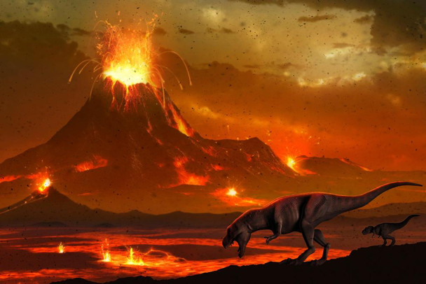 Tyrannosaurs Dinosaurs Survey Volcanic Landscape Space Dinosaur Decor Dinosaur Pictures For Wall Dinosaur Wall Art Prints for Walls Meteor Volcano Science Poster Thick Paper Sign Print Picture 12x8