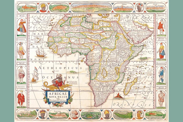 Map of Africa by Nicolass Visscher Antique Vintage Style Travel World Map with Cities in Detail Map Posters for Wall Map Art Wall Decor Geographical Illustration Thick Paper Sign Print Picture 8x12