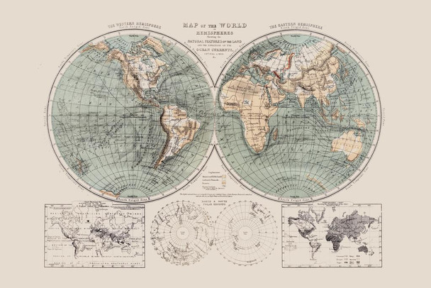 1869 World Hemispheres and Natural Features Antique Style Map Thick Paper Sign Print Picture 12x8