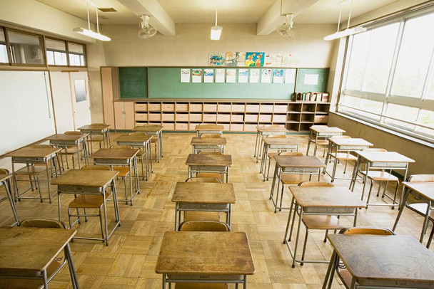 Desks And Chairs In Empty Classroom Chalk Board Photo Decorative Educational Teacher Learning Homeschool Chart Display Supplies Teaching Aide Thick Paper Sign Print Picture 12x8