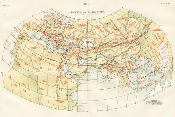 Ptolemys Map of the World 1883 Historic Antique Style Map Travel World Map with Cities in Detail Map Posters for Wall Map Art Geographical Illustration Thick Paper Sign Print Picture 12x8