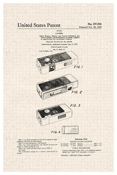 Camera Design 1975 Official Patent Diagram Thick Paper Sign Print Picture 8x12