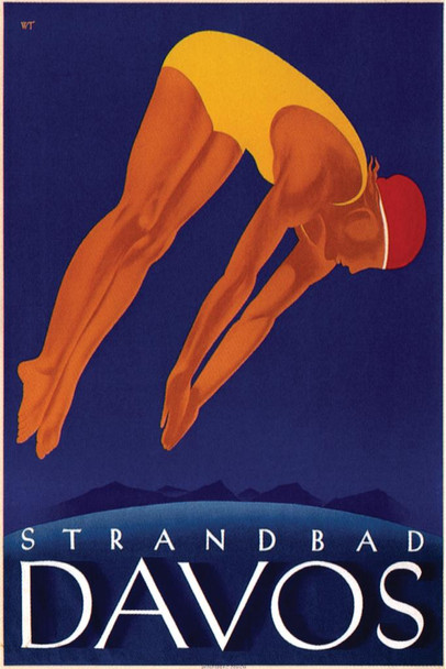 Davos Strandbad Swimmer Vintage Illustration Travel Art Deco Vintage French Wall Art Nouveau 1920 French Advertising Vintage Poster Prints Art Nouveau Decor Thick Paper Sign Print Picture 8x12