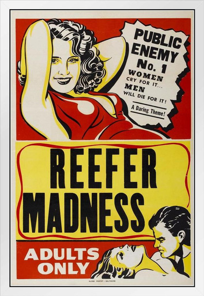 Reefer Madness Adults Only Marijuana Propaganda Movie Film Vintage Weed Cannabis Room Dope Gifts Guys Smoking Stoner Stoned Sign Buds Pothead Dorm Walls White Wood Framed Art Poster 14x20