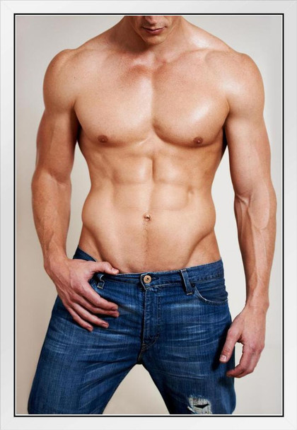 Man of Muscle Hot Guy in Jeans Photo Photograph White Wood Framed Poster 14x20