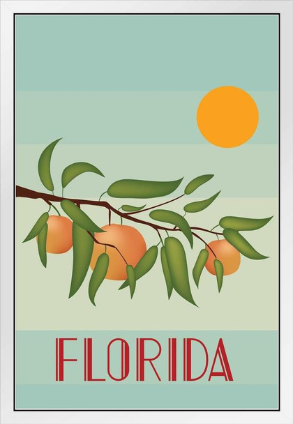 Retro Style Florida Oranges Sunshine State Miami Palm Beach Travel Beach Sunset Landscape Pictures Ocean Scenic Scenery Tropical Nature Photography Paradise White Wood Framed Art Poster 14x20