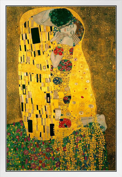 Gustav Klimt The Kiss 1908 Austrian Symbolist Painter Golden Period Art Nouveau Print White Wood Framed Poster 14x20