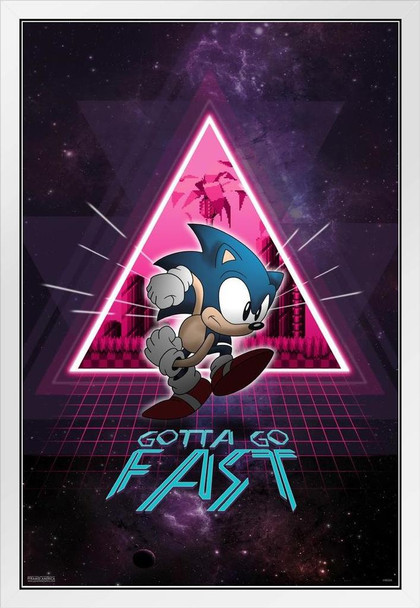 Sonic the Hedgehog Gotta Go Fast Neon Space Video Game Gaming White Wood Framed Poster 14x20