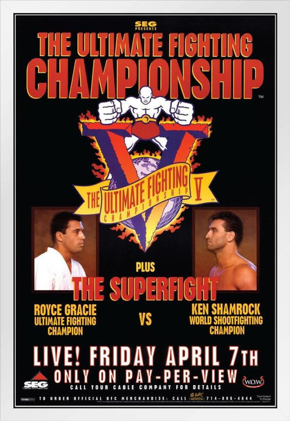 Official UFC 5 Royce Gracie Ken Shamrock Sports White Wood Framed Poster 14x20