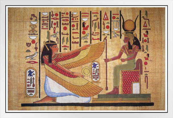 Egyptian Hieroglyphics Isis With Horned Crown Ancient White Wood Framed Art Poster 14x20