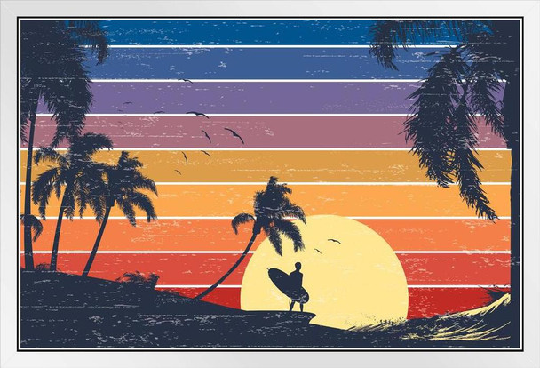 Retro Surfer Sunset Beach Graphic Palm Landscape Pictures Ocean Scenic Scenery Tropical Nature Photography Paradise Scenes Hawaii Hawaiian Style White Wood Framed Art Poster 20x14
