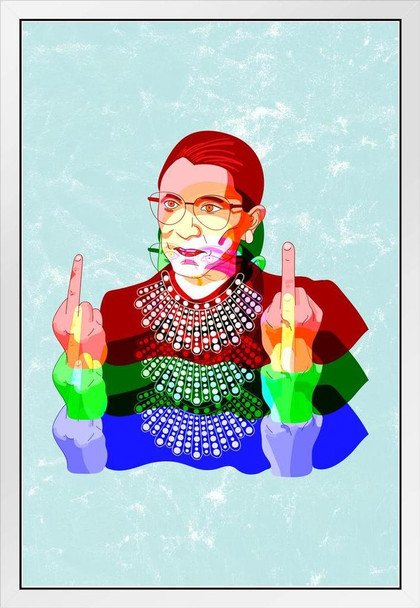 Ruth Bader Ginsburg RBG Middle Fingers Colors Funny Supreme Court I Dissent White Wood Framed Art Poster 14x20