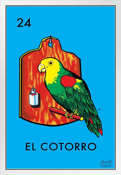 24 El Cotorro Parakeet Loteria Card Mexican Bingo Lottery White Wood Framed Poster 14x20