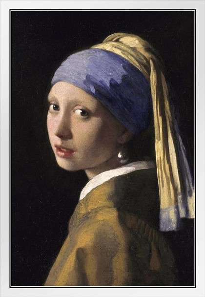 Johannes Vermeer Girl with a Pearl Earring Girl Oil Painting Vermeer Pearl Art Print Fine Art Wall Decor Woman Portrait Pearl Earring Scarf Painting White Wood Framed Art Poster 14x20