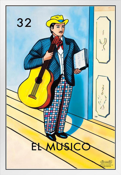 32 El Musico Musician Loteria Card Mexican Bingo Lottery White Wood Framed Poster 14x20