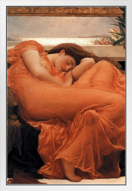 Sir Frederic Leighton Flaming June 1895 Oil Painting Woman Sleeping Oleander Branch White Wood Framed Poster 14x20