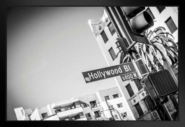 Hollywood Boulevard Sign Black and White B&W Photo Photograph White Wood Framed Poster 20x14