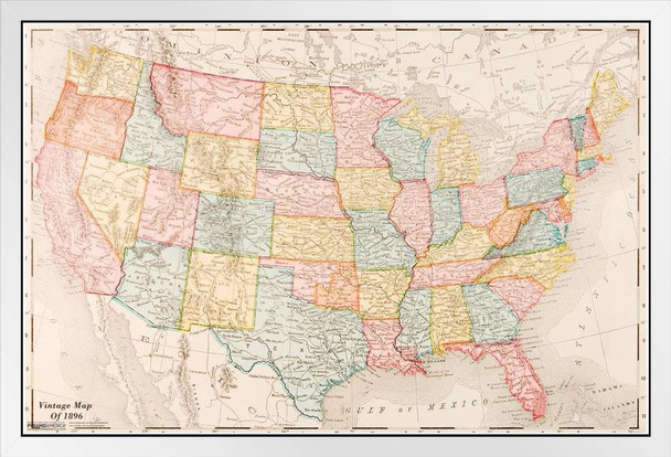 Map Of United States USA 1896 Vintage Travel Decorative Reference Educational Art White Wood Framed Poster 20x14