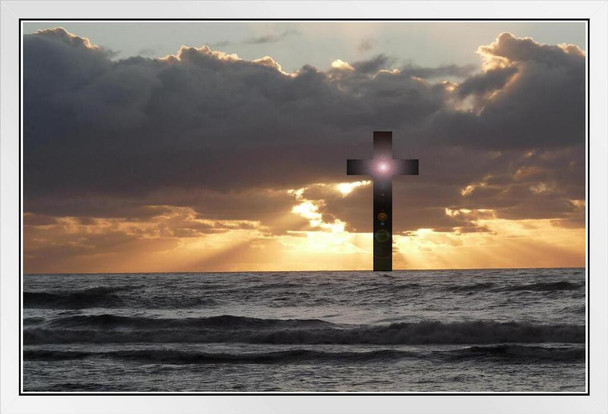 Easter Cross in the Horizon Sunset Inspirational Photo Photograph White Wood Framed Poster 20x14