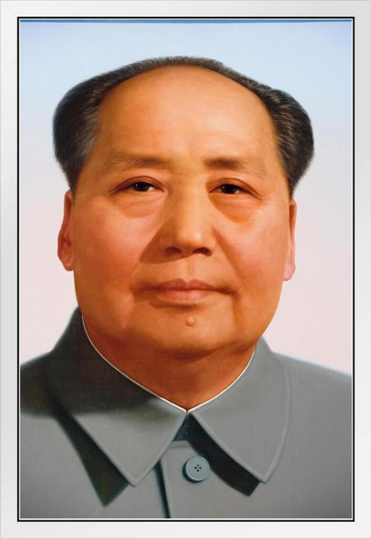 Chairman Mao Zedong Portrait China Poster Chinese Leader Politics Politician Great Wall White Wood Framed Art Poster 14x20