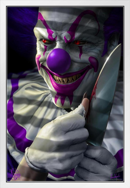 Mischief The Clown Die Laughing Scary Tom Wood Fantasy Art Spooky Scary Halloween Decorations White Wood Framed Art Poster 14x20