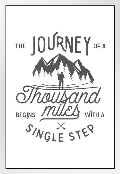 Journey of Thousand Miles Single Step Hiking Motivational Quote White Wood Framed Poster 14x20