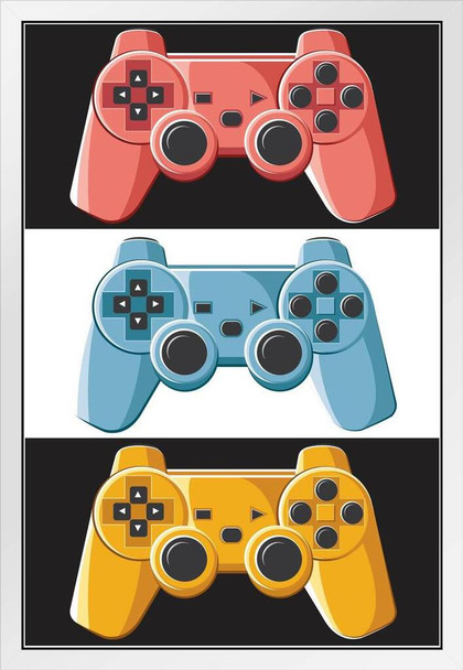 Game Controller Pop Art White Wood Framed Poster 14x20