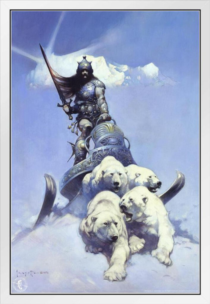 Silver Warrior by Frank Frazetta Wall Art Gothic Fantasy Decor Frank Frazetta Artwork Scary Art Prints Horror Battle Posters Frazetta Illustration Death Bear War White Wood Framed Art Poster 14x20