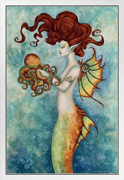 Mermaid and Octopus by Amy Brown White Wood Framed Art Poster 14x20