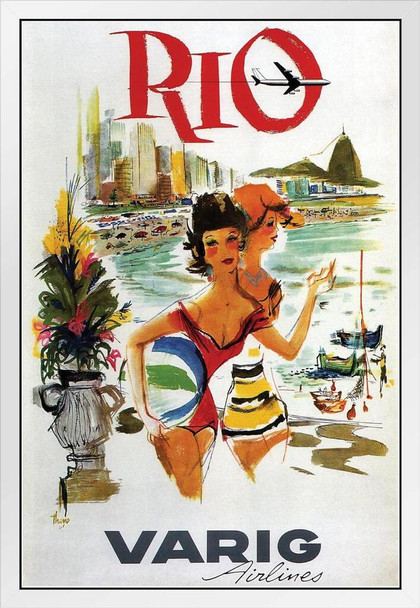 Rio de Janeiro Brazil Varig Airlines Vintage Travel White Wood Framed Poster 14x20