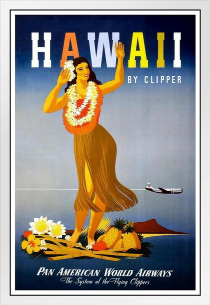Hawaii by Clipper Hula Girl Vintage Travel Print Beach Sunset Palm Landscape Pictures Ocean Scenic Scenery Tropical Nature Photography Paradise Scenes White Wood Framed Art Poster 14x20