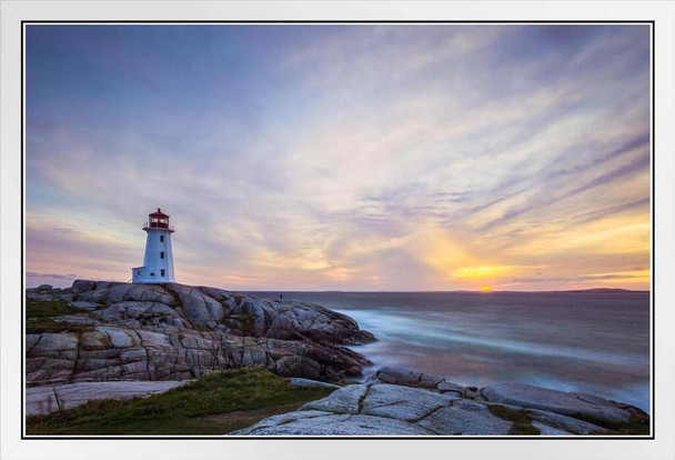 Peggys Cove Lighthouse Nova Scotia at Dusk Photo Photograph White Wood Framed Poster 20x14