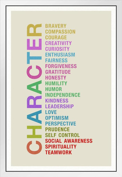 Character Bravery Compassion Courage Creativity Curiosity Colorful Motivational Inspirational Classroom White Wood Framed Poster 14x20