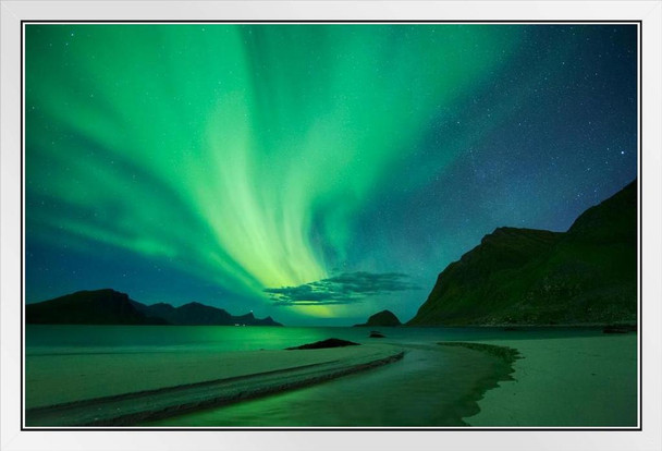 Northern Lights Aurora Borealis Haukland Beach Norway Star Night Photo Solar System Space Science Kids Map Galaxy Classroom Chart Earth Pictures Outer Planets White Wood Framed Art Poster 20x14