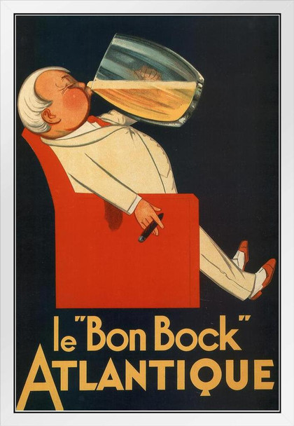 Le Bon Bock Atlantique Vintage French Good Beer Liquor Mug Advertisement France Brewery Liquor Ad Drinking Cigar White Wood Framed Art Poster 14x20