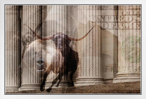 Bull Bear Money Wall Street Stock Exchange Columns Finance Artwork Boardroom Investor Investing Market Photo Photograph White Wood Framed Art Poster 20x14