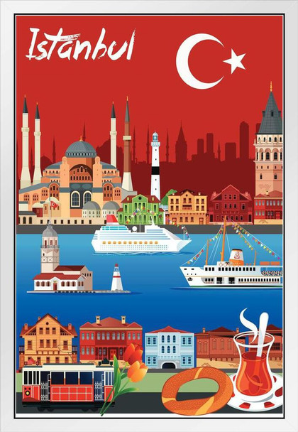 Istanbul Turkey Panorama Travel Tourist Sites White Wood Framed Poster 14x20