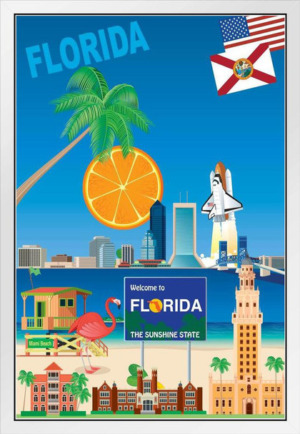 Florida The Sunshine State Travel Sites United States South Miami Beach Sunny Tourism Tourist Illustration Sunset Palm Landscape Pictures Ocean Scenic Scenery White Wood Framed Art Poster 14x20
