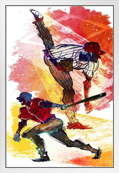 Baseball Player Playing Baseball White Wood Framed Poster 14x20