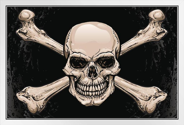 Skull Crossbones Pirates Symbol Warning Sign Poster Artistic Drawing Illustration Human Skeleton Death White Wood Framed Art Poster 20x14