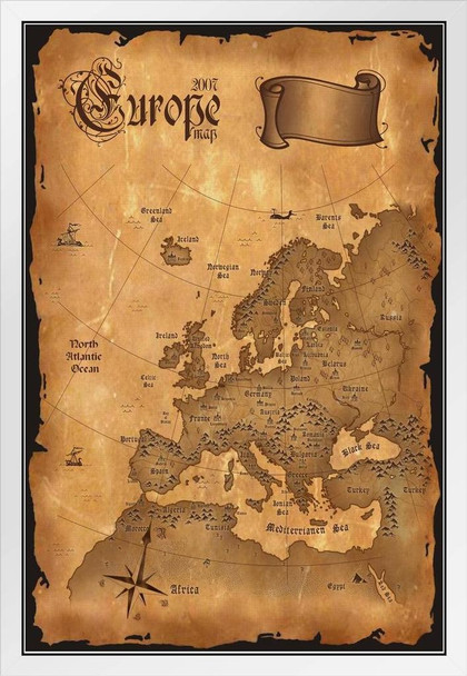 Europe Vintage Antique Style Map Travel World Map with Cities in Detail Map Posters for Wall Map Art Wall Decor Geographical Illustration Travel Destinations White Wood Framed Art Poster 14x20