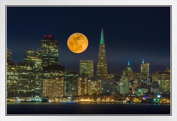 Full Moon Over San Francisco California Skyline Photo Photograph White Wood Framed Poster 20x14