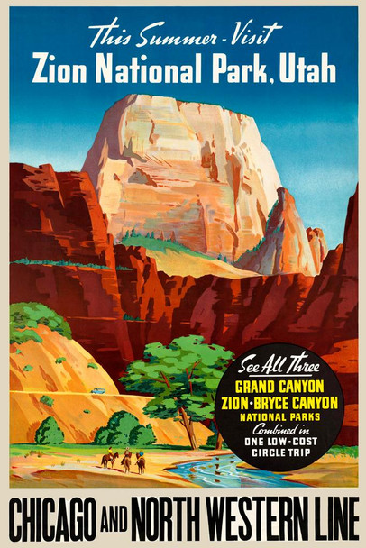 Visit Zion National Park Utah Grand Canyon Bryce Horseback Riders Illustration Western United States Vintage Railroad Travel Thick Paper Sign Print Picture 8x12