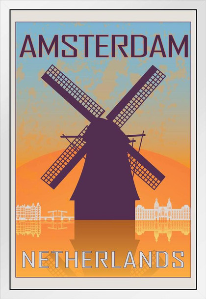 Amsterdam Netherlands Retro Travel Art White Wood Framed Poster 14x20