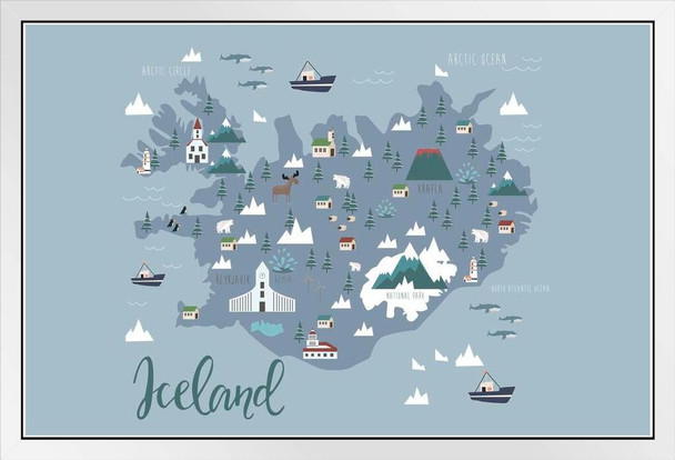 Map of Iceland Travel World Map with Cities in Detail Map Posters for Wall Map Art Wall Decor Geographical Illustration Tourist Landmark Travel Destinations White Wood Framed Art Poster 14x20