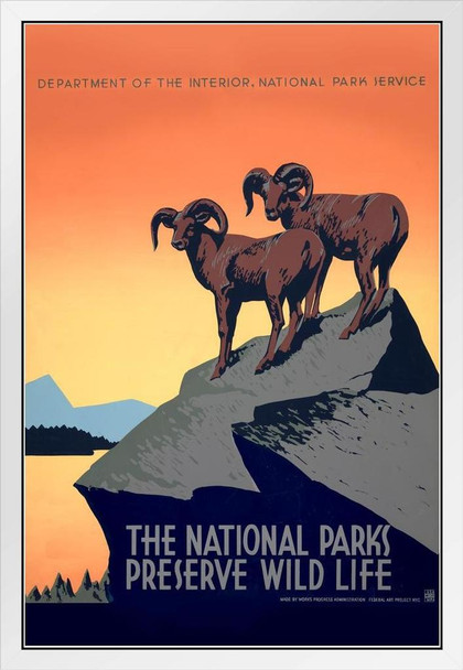 National Parks Preserve Wild Life Retro Vintage WPA Art Project White Wood Framed Poster 14x20