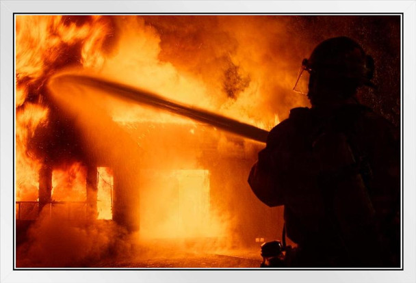 Firefighter Directing Water Onto A Nighttime House Fire Photo Photograph White Wood Framed Poster 20x14