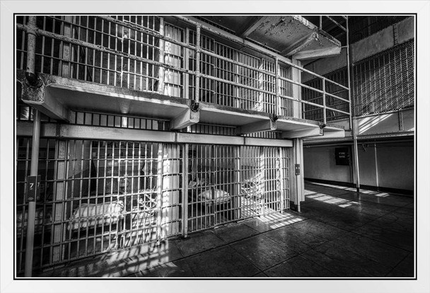 Prison Cells Alcatraz Prison San Francisco B&W Photo Photograph White Wood Framed Poster 20x14