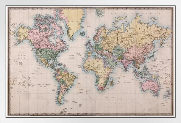 World Of Mercators Projection Vintage Antique Historical Cartographic Print White Wood Framed Poster 14x20