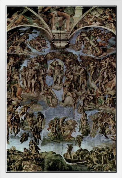 Michelangelo The Last Judgment Fresco Sistine Chapel Painting Poster Vatican City Religious Church Religion Sacred White Wood Framed Art Poster 14x20